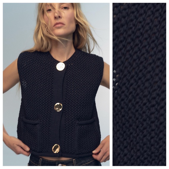 Zara Tops - NWT. Zara Navy Blue Chunky Knit Round Neck Top. Size S.